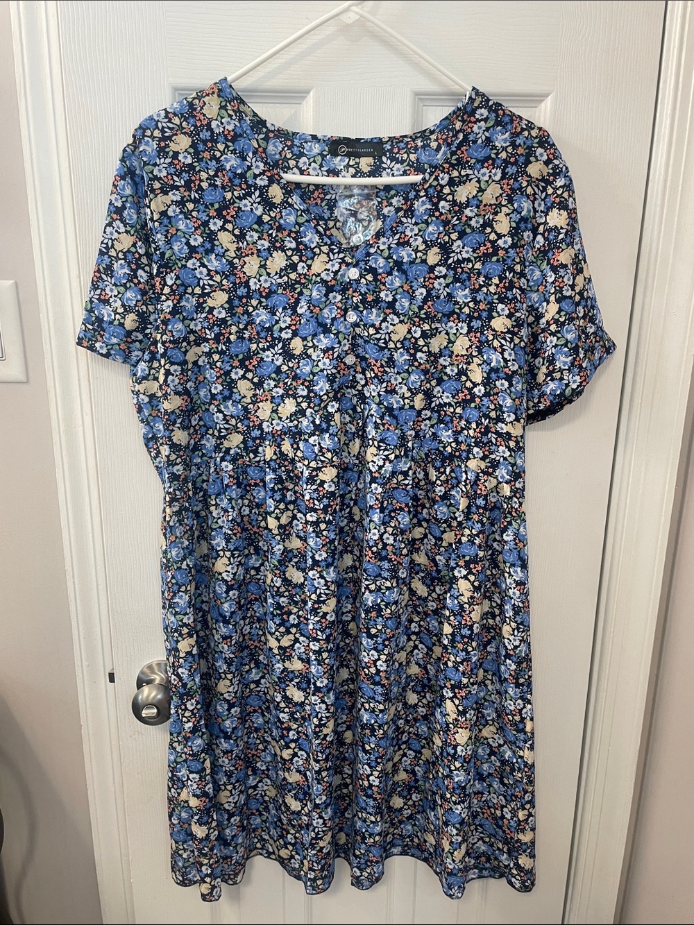 PRETTYGARDEN Dress Short Sleeve V Neck Ruffle Blue Floral Swing A-Line (Large)